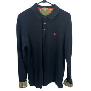 Burberry London Pique Polo Shirt Mens Large Slim Fit Blue Long Sleeve Plaid Cuff